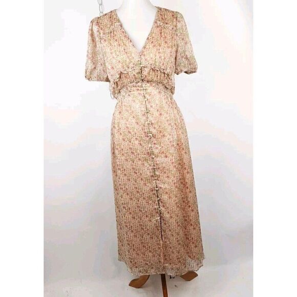 ASTR Label Love Story Floral Button Front V-Neck Short Puff Sleeve Midi Dress S - Picture 2 of 13